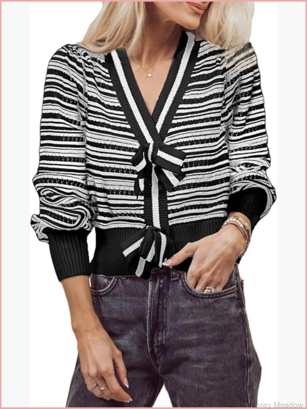 Women's Long Sleeve Striped Cropped Sweater with Bow V Neck Loose Fit